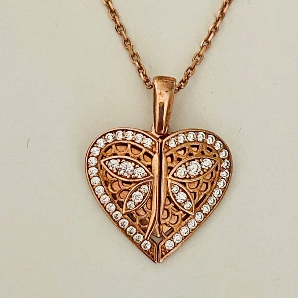 💗 925 Silver dragonfly love double heart necklace